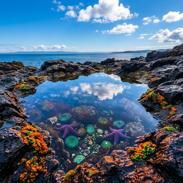 Tide pool with starfish, sea anemones, and rocks reflecting red sunset sky